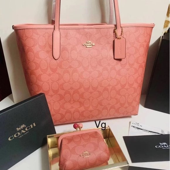 Coach Candy Pink Signature Tote 2pc Set